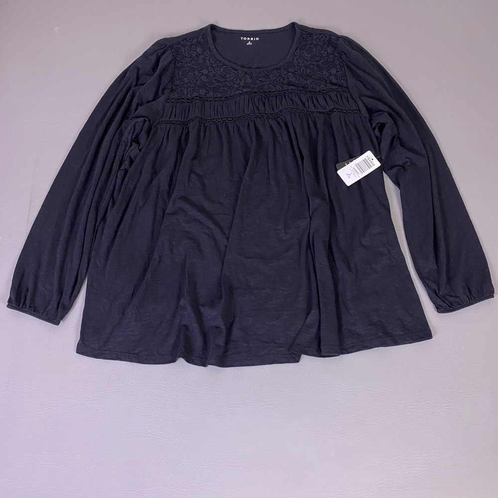 Torrid Vintage Slub Long Sleeve Lace Yoke Top Deep Black Plus 2X 18-20‎ New NWT